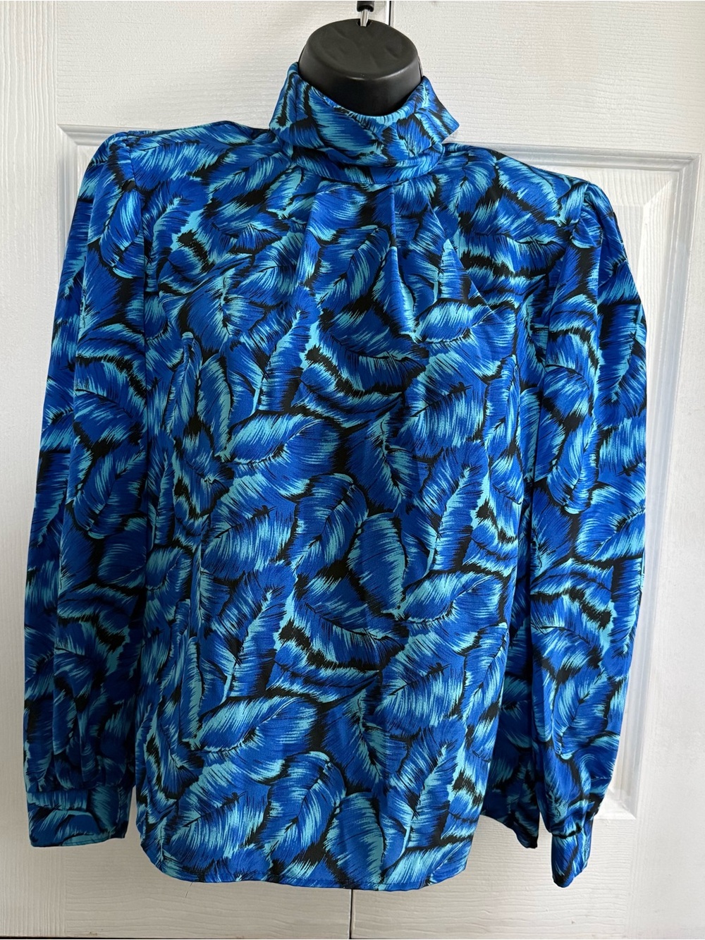 Blue Feather Print High Neck Blouse